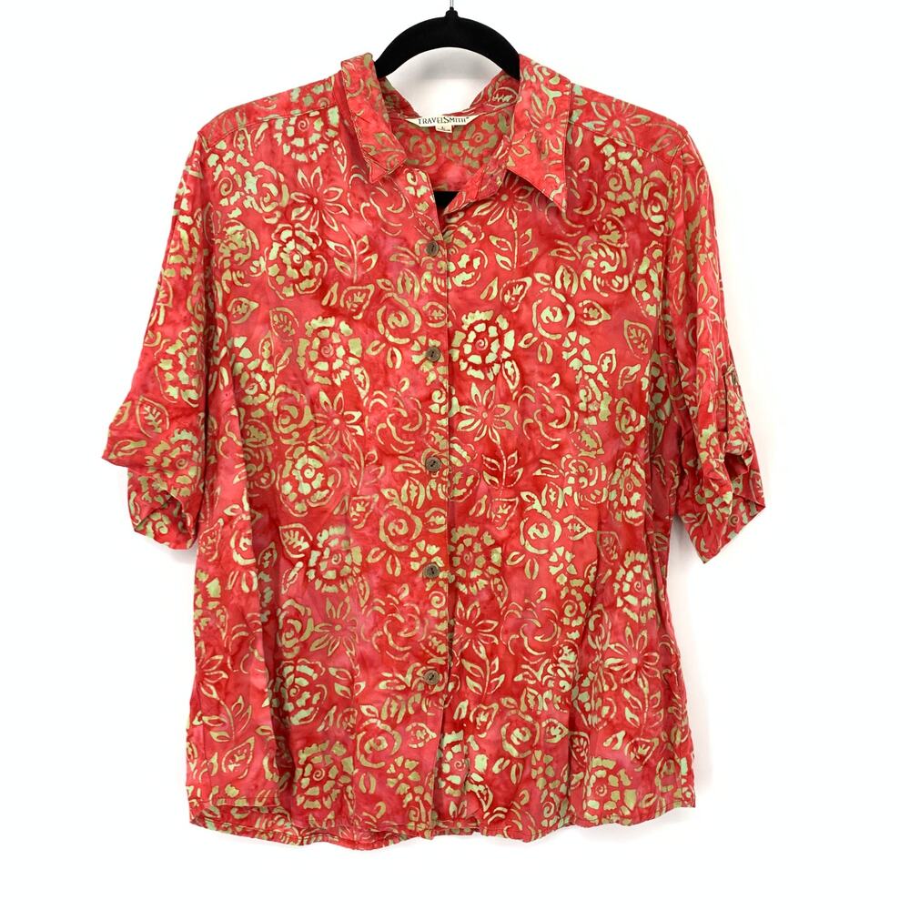 TravelSmith Womens Size L Button Front Short Sleeve Shirt Red Beige Batik Print